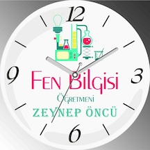 Kişiye Özel Fen Bilgisi Öğretmeni Çap 30cm Sessiz Akar Bombeli Gerçek Cam Duvar Saati Çok Renkli
