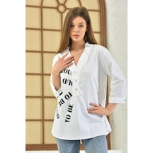 Gömlek Yaka Baskılı Uzun Kollu Beyaz Kadın Bluz 001
