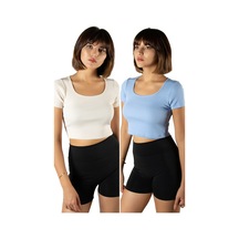 Terapi Men 2'li Paket Mavi Krem Havuz Yaka Fitted/vücuda Oturan Kısa Kol Crop Tişört Mavi Krem