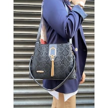 Çok Şık Püskül Detaylı 2 Askılı 3 Bölmeli El Ve Omuz Çantası Günlük Kullanıma Uygun Siyah-desenli