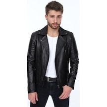 Hakiki Kuzu Derisi Yaka Detaylı Yandan Fermuarlı Erkek Deri Ceket Siyah Siyah