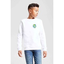 Tshirthane Watercolor Earth Baskılı Unisex Çocuk Beyaz Sweatshirt Beyaz