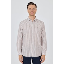 İmza Kahverengi Kısalabilir Kol Cepsiz Pamuk Casual Comfort Fit Gömlek 1004250128 Kahverengi