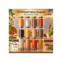 12 Li Metal Vakum Kapaklı Cam Kavanoz Seti Bakliyat Erzak Saklama Düzenleme Kabı Seti Etiket Hediyeli Gri Gri