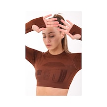 Maraton Active Slimfit Kadın Bisiklet Yaka Uzun Kol Koşu Sepya Crop Top 816025 Kahverengi