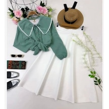 Lovie Moda Kadın Yaka İşlemeli Etekli Takım Yeşil