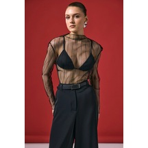 Sateen Çizgili Transparan Bluz Siyah