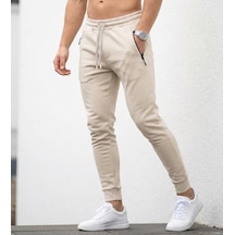Plus Scorpion Erkek Slim Fit Eşofman Altı Pamuklu Kumaş, Fermuarlı Cepli, Rib Paça Bej