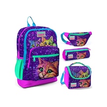 Coral High Mor Kedi Üçlü Okul Çantası Ve Bel Çantası Seti