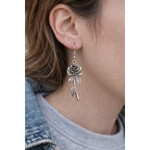 Vintage Rose Leaf Gül & Yaprak Figürlü Eskitme Gümüş Renk Sallantılı Küpe Çok Renkli