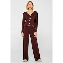 Benerly Kadın V Yaka Uzun Kol Regular Fit Örme Pijama Takımı Fonksiyonel Kahverengi
