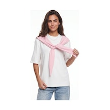 Onloox Kadın Pembe Beyaz Pembe Yumuşak Dokulu Bisiklet Yaka Oversize Kısa Kollu Şal Detaylı Basic T-shirt