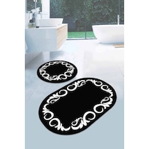 Siyah Çerçeveli Desen Oval Banyo Klozet Paspas Seti Bs074n11