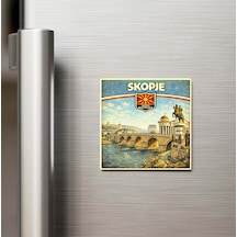 Retro Kuzey Makedonya Üsküp Şehri Temalı Vintage Buzdolap Magneti 9x9 Cm