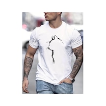Caddemia  Yaz Gevşek Büyük Boy Rahat Rahat Kedi Desen Baskılı Spor Yuvarlak Boyu Beyaz 2XL
