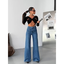 Herton Kadın Yüksek Bel Wide Leg Jean Pantolon Bol Paça Modern Kesim Denim Mavi