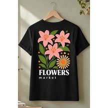 Spoyi Flower Market Tasarımlı %100 Pamuk Yarım Oversize Siyah T-shirt
