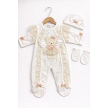Kardeşler Bebe Kadife Kız Bebek Dantelli Fiyonklu 3 Lü Tulum Seti Ekru