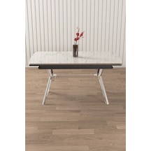 Canisa Sim Serisi 90 X 150 Açılabilir Lak Panel Beyaz Mermer Desen Masa Krom Ayak Beyaz Mermer Desen Masa Krom Ayak
