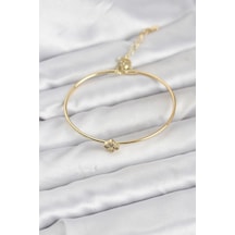 Zirkon Taşlı Yonca Model Gold Renk Kadın Bileklik Altın