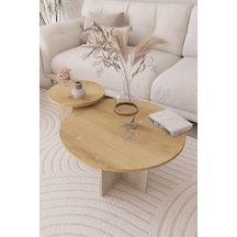 2 Li Orta Sehpa Seti, İskandinav Stil, Bohem, 72 Cm, 40 Cm - Safir Meşe & Traverten
