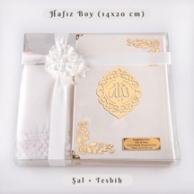 Şal + Tesbih + Kuran Hediye Seti Hafız Boy, Kadife, Şems Lafzatullah, Beyaz