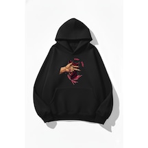 Uyguntarz Unisex Yumuşak Dokulu Hav Hav Baskılı Tasarım Oversize 3 İplik Hoodie Sweatshirt siyah