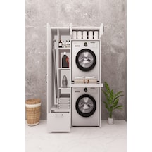 Mdf Çamaşır Makinesi Ve Kurutma Makinesi Dolabı Ütü Masalı Beyaz