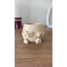 Bezos 3d Baskı Kitap Okuyan Saksı - Kupa Tutan Sevimli Saksı-bej Bezos1