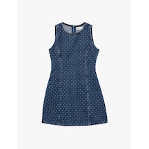 Koton Pamuklu Taş Detaylı Bisiklet Yaka Kolsuz Mini Denim Elbise Koyu İndigo 6sal80019md Indigo