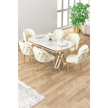 Canisa Zae Serisi 90x168 Lak Panel Beyaz Mermer Desen Gold Ayak Masa Takımı 6 Krem Sandalye Beyaz Mermer Desen Masa Sandalyeler Siyah