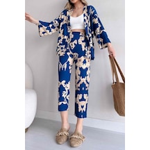 Kadın Mavi Desenli Kimono Alt Üst Takım