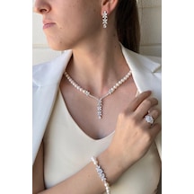 7,5 Mm Kadın Çiçek Modelli Zirkon Taşlı Doğal İnci Küpe Kolye Bileklik Yüzük Dörtlü Set 13 Gümüş
