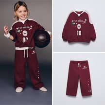 La Ciel Paris Nakış Ve Baskı Detaylı Kız Çocuk Takımı Sweatshirt & Boru Paça Alt, 2 7 Yaş Bordo