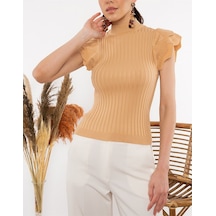 Aqe Fashion Kadın Kol Detaylı Fitilli Boğazlı Camel Kazak-Camel