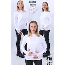 Kadın Boğazlı Parmak Detaylı Uzun Kollu Body 3lü Set Beyaz