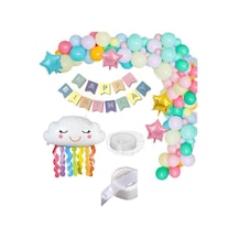 Beysüs 70 Makaron Balon 1 Bulut 3 Yıldız Folyo Balon Parti Gökkuşağı Doğum Günü Renkli Zincir Seti Standart