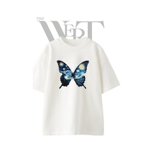 Thewert Starry Night Butterfly Tasarım Baskılı Ünisex Beyaz Oversize T-shirt