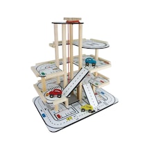 Ahşap Asansörlü Otopark - Üç Katlı Garaj Seti - Hotwheels Garaj Seti - Otopak Seti - Eğimli Garaj
