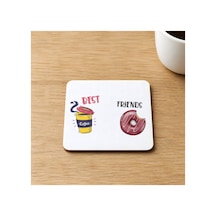 Best Friends Kahve Donut Baskılı 9x9 Cm Kare Mdf Bardak Altlığı - Arkadaşa Hediye Ahşap Çok Renkli