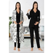 Effortt Hamile Kadın Lohusa Sabahlıklı Siyah Renk Alt Üst Pijama Takımı 8094 Siyah