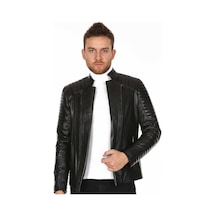 Deriwork Hakiki Deri Siyah Çift Fermuarlı Spor Erkek Deri Ceket Siyah