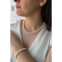 7,5 Mm Doğal İnci Sıralı Kolye Bileklik Küpe Üçlü Set 50 Cm Gümüş
