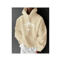 Herkesemoda Mountains Baskı Detaylı İçi Polarlı Kapüşonlu Sweatshirt Bej