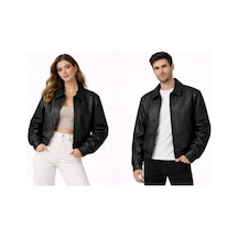 Unisex Oversize Deri Ceket - Çift Kombinleri Siyah Deri