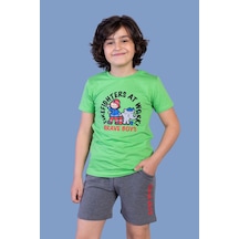 Toontoy Kids Toontoy Erkek Çocuk 2'li Takım Baskılı Bisiklet Yaka Tişört & Beli Lastikli Cepli Şort Yeşil