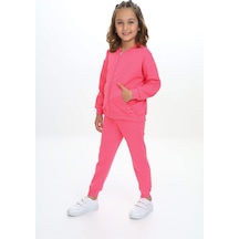 Toontoy Kids Toontoy Kız Çocuk 2'li Takım Nakış Baskılı Kolej Yaka Fermuarlı Cepli Sweatshirt & Beli Paçası Ribanalı Jogger Eşofman Altı - 2 İplik Fuşya