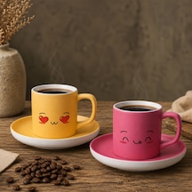 Bk Gift 2'li Sarı Ve Pembe Renkli Emoji Yüz Tasarımlı Seramik Türk Kahvesi Fincanı Takımı-4 Çok Renkli