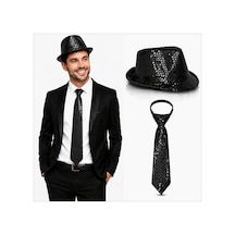 Siyah Payetli Şapka Ve Kravat Seti Işıltılı Parti Kombini - Elwm-860402 Çok Renkli