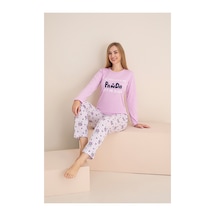 Rindahomewear Kadın Panda Baskılı Süprem Uzun Kol Pijama Takımı Mor